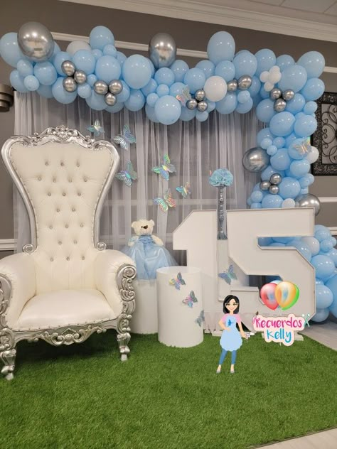 Cinderella Quinceanera Themes Sweet 15 Birthday Party Ideas, Royal Blue Quinceanera Butterfly Theme, Sweet 16 Decorations Ideas Blue, Quinceanera Themes Light Blue, Quince Blue Decorations, Sky Blue Quinceanera Decorations, Quince Decorations Cinderella Theme, Sweet 16 Throne Chair Ideas, Blue Quinceanera Table Decorations