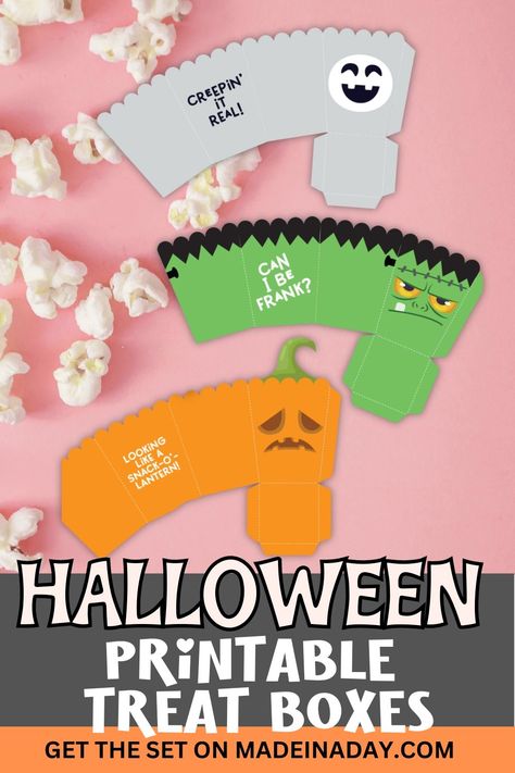 Download our fun and festive printable Halloween treat boxes, perfect for holding candy, popcorn, or snacks. Easy to assemble, these popcorn boxes add a spooky touch to any Halloween celebration. Fun popcorn box printables. Popcorn box template for Halloween. Popcorn Box Template, Treat Box Template, Fun Popcorn, Halloween Popcorn, Halloween Treat Boxes, Popcorn Treats, Popcorn Boxes, Snacks Easy, Candy Popcorn