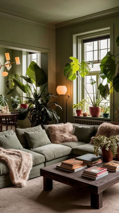 Plant House Decoration Living Rooms, Cozy Green Apartment, Living Room Inspiration Earthy, Apartment Decorating Green, Green Eclectic Living Room, Living Room Inspiration Cozy Green, Green Cozy Living Room, Cozy Green Living Room, Comfy Interior Design