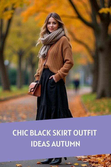 Chic Black Skirt Outfit Ideas Autumn Black Midi Skirt Fall Outfit, Green Sweater And Skirt Outfit, Long Black Skirt Outfits For Winter, Boot Skirt Outfits, Black Long Skirt Outfit Ideas, Black Long Skirt Outfit Winter, Winter Black Skirt Outfit, Black Maxi Skirt Outfit Fall, Black Maxi Skirt Outfit For Work