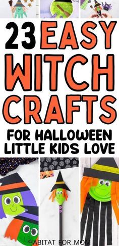 Halloween witch crafts for kids. Witchy crafts for little kids to make at home or in preschool. Halloween crafts for toddlers and preschoolers. Witch Crafts For Kids, Hallowen Idea, Halloween Witch Crafts, Diy Halloween Witch, Toddler Daycare, Halloween Witch Dolls, Witch Crafts, Halloween Crafts Preschool, Halloween Sensory