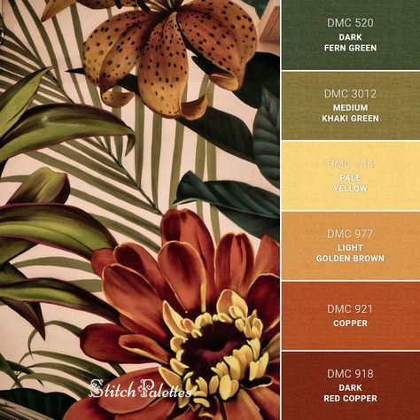 Floral Mural - Embroidery Color Palette (With Thread Codes) Rust Maroon Color Palette, Maroon Orange Color Palette, Rust Gold Color Palette, Green Rust Gold Color Palette, Maroon Gold Color Palette, Conifer Tattoo, Rust And Green Color Palette, Rust Color Combinations, Maroon Color Combinations