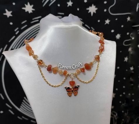 Orange Necklace Aesthetic, Minimal Butterfly, Ethereal Butterfly, Fairycore Necklace, Clothing Board, Necklace Aesthetic, Orange Carnelian, Bead Diy, Orange Necklace