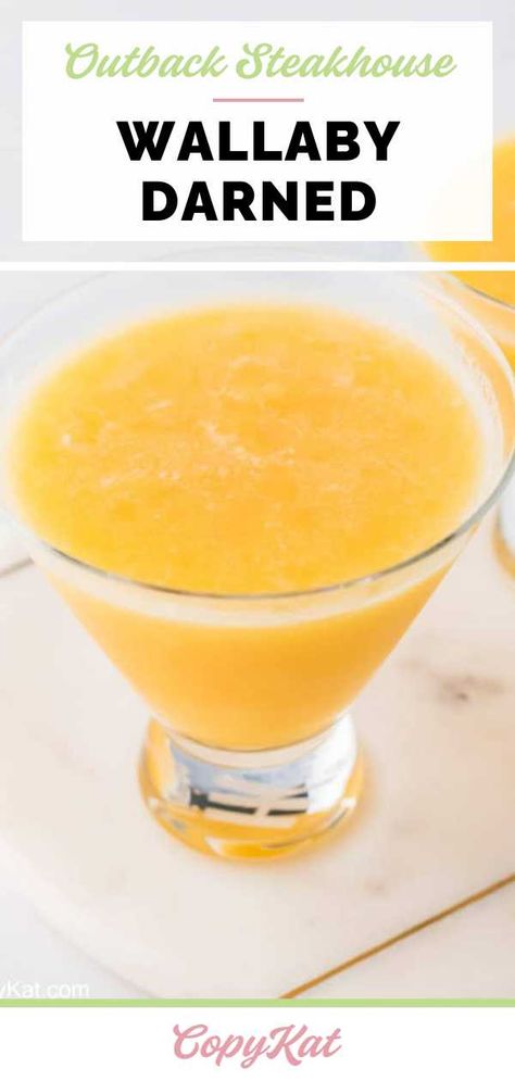 Outback Wallaby Darned is a peachy frozen cocktail and one of the most popular drinks at the steakhouse restaurant. Get the easy copycat recipe and find out how to make the best Wallaby Darned with peaches, vodka, peach schnapps, and prosecco. This frozen peach cocktail is perfect for summer or whenever you have a craving for a fruity drink. #peachrecipe #cocktailrecipe #frozendrink #copycat #copycatrecipe #outback Wallaby Darned Recipe, Frozen Peach Cocktail, Frozen Alcoholic Drinks Recipes, Peach Schnapps Drinks, Fruity Drink Recipes, Frozen Drinks Alcohol, Steakhouse Restaurant, Frozen Cocktail, Peach Vodka