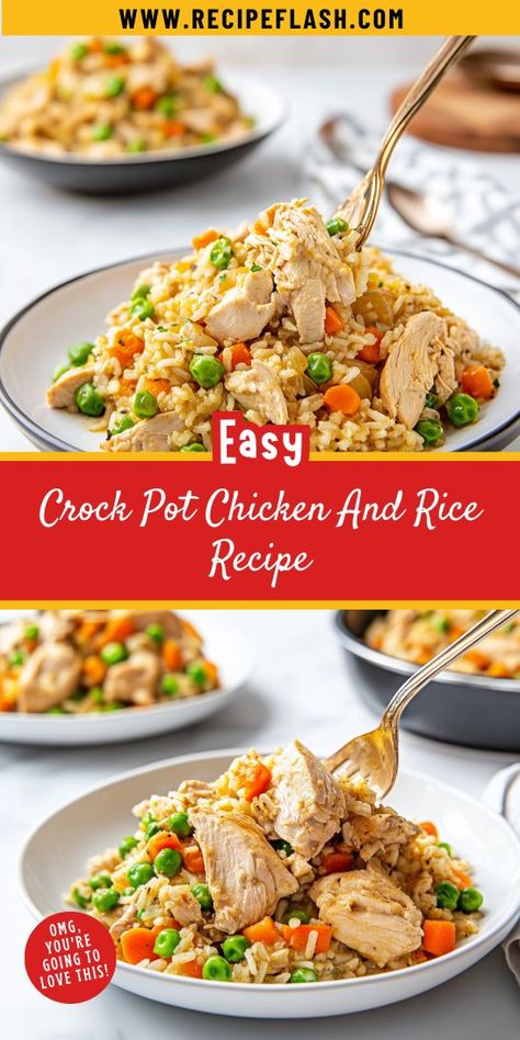 Looking for a comforting meal that practically cooks itself? Our Crock Pot Chicken and Rice Recipe combines tender chicken with fluffy rice, making dinner a breeze. Save this recipe for those busy weeknights when you crave something delicious and easy! Easy Chicken Rice Crockpot Recipes, Crock Pot Chicken And Yellow Rice, Slow Cooker Parmesan Chicken And Rice, Chicken And Rice In Slow Cooker, Crock Pot Chicken Rice Recipes, Chicken And Rice Crockpot Recipes Easy, Rice Crockpot Recipes, Chicken And Rice Crockpot Recipes, Easy Crockpot Chicken And Rice