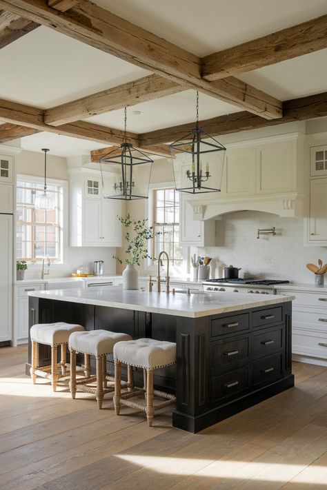 12 Farmhouse Kitchens with Black Islands: Timeless Designs That Blend Style and Functionality – My Kitchen Inspo Kitchen Wooden Beams, Marble And Wood Island, Black Island Marble Countertop, Farmhouse Kitchen With Black Accents, 12 Ft Kitchen Ceiling, Dark Wood Island With White Cabinets, Kitchen Ceiling Beams, American Farmhouse Kitchen, Beams In Kitchen