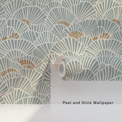 Soft Blue and Gold Fan Shell Art Deco Wallpaper Art Deco Wall Design, Blue Bathroom Wallpaper, Blue Gold Wallpaper, Blue And Gold Wallpaper, Powder Room Wallpaper, Deco Wallpaper, Sophisticated Art, Modern Vintage Decor, Art Deco Wall