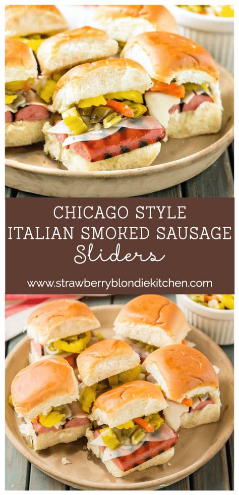 Chicago Style Italian Smoked Sausage Sliders feature Eckrich Smoked Sausage, provolone and giardiniera on a slider roll.  A twist on the classic sandwich, you’ll love this bite sized version even more! AD #GiveLifeMoreFlavor @Eckrich  |  Strawberry Blondie Kitchen Sausage Sliders, Chicago Food, Andouille, Slider Recipes, Frugal Meals, Smoked Sausage, Wrap Recipes, Sausage Recipes, Burger Recipes