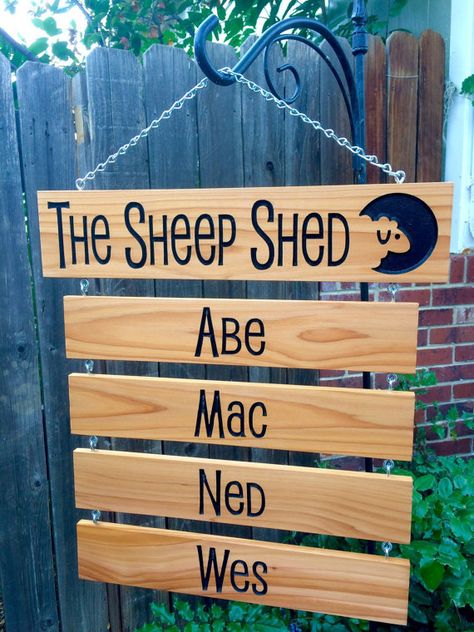 The Sheep Shed sign or Custom Title board with Drop Down Name Goat Projects, Sheep Shed, Sheep Names, Sheep House, Goat Pen, Sheep Decor, Goat Barn, Animal Name, Shed Signs