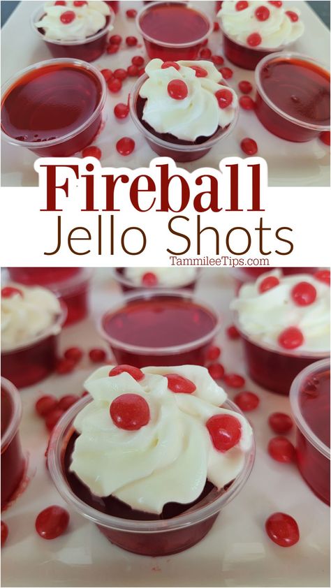 Easy Fireball Jello Shots are the perfect combination of spicy cinnamon flavor and cherry jello! So easy to make and everyone loves them! The perfect Christmas Jello Shot! Fireball Jello Shots Recipe, Fireball Drinks Recipes, Fireball Jello Shots, Cherry Jello Shots, Candy Corn Jello Shots, Jello Shots Recipe, Christmas Jello, Christmas Jello Shots, Christmas Shots