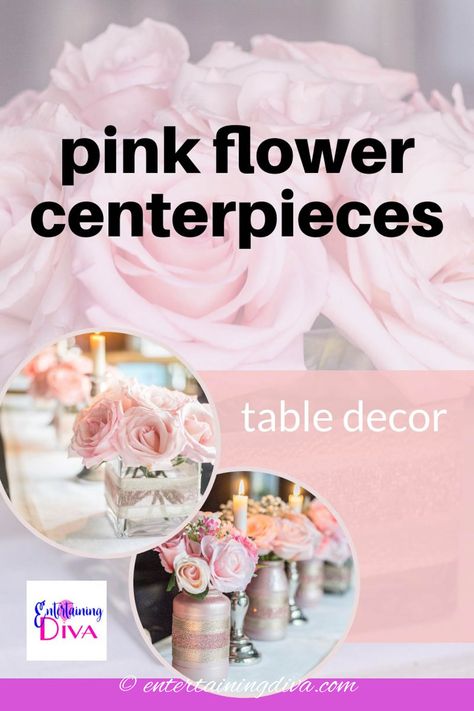 These simple floral centerpieces are made from DIY vases with roses, hydrangeas and baby's breath (some even use fake flower arrangements). Because they don't have too many flowers, they are easy and inexpensive. Which is great for large events (like weddings, showers, anniversaries and graduation parties) where you have a lot of tables to decorate. Fake Flower Centerpieces, Pink Flower Centerpieces, Simple Floral Centerpieces, Easy Floral Arrangements, Rose Gold Centerpiece, Diy Floral Centerpieces, Pretty Candle Holders, Diy Vases, Pink Diy