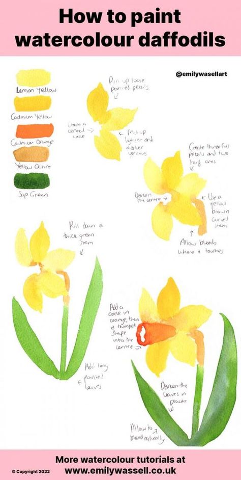 Daffodil Watercolour Painting, How To Paint A Daffodil, How To Paint Daffodils, Daffodil Painting Acrylic Easy, Watercolor Daffodils Tutorial, Watercolour How To, Colourful Watercolour Painting, Easter Watercolor Paintings Easy, Watercolour Flowers Tutorial