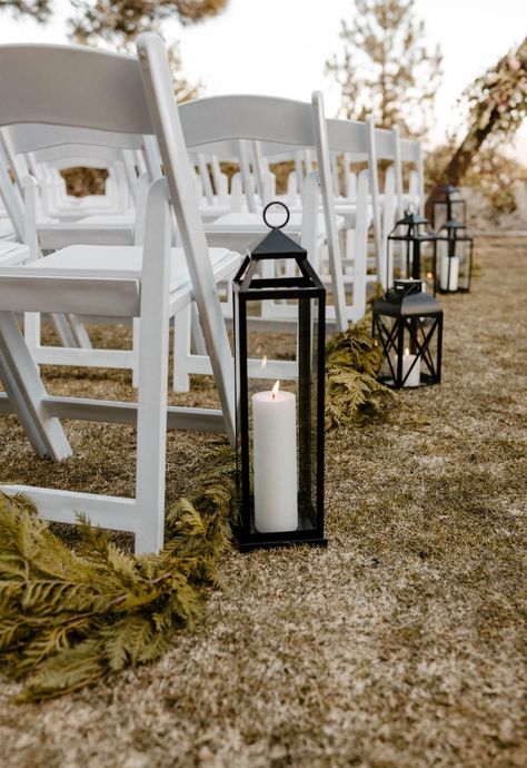 Black Lanterns Wedding Aisle, Lanterns Down The Aisle Wedding, Asile Wedding Ideas Outdoor, Black Lantern Wedding, Lantern Wedding Ceremony, Candle Isle, Wedding Aisle Candles, Wedding Aisle Decorations Outdoor, Wedding Isle Runner