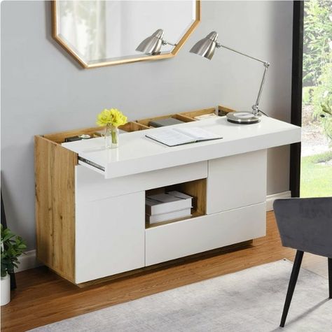 Extendable Desk, Apartemen Studio, Hidden Desk, Tree Furniture, Desk In Living Room, Desk Top, High Gloss White, Sideboard Furniture, Functional Furniture