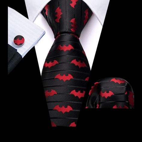 A Luxurious Addition To Any Outfit, This Red And Black Bat Silk Necktie Set Is A Beautiful Finishing Touch Crafted With Italian Silk And Jacquard Weaving. The Vibrant Yet Subtle Red And Black Bat Pattern Promises To Stand Out In Any Setting While The High-Quality Craftsmanship And 59-Inch Length Ensures A Perfect Fit. With A Complimentary Matching Pocket Square And Cufflinks Included, Make A Lasting Impression With This Elegant Set. Size 150cm = 59 Inch Long 8.5cm = 3.4 Inch Bottom Width. Packag Halloween Suits For Men, Black Suit Red Tie Men, Crimson Red And Black Wedding, Black Suit With Red Accents, Black Tux Red Bow Tie, Red And Black Victorian Suit, Red Ties For Black-tie Events, Batman Wedding, Halloween Suits