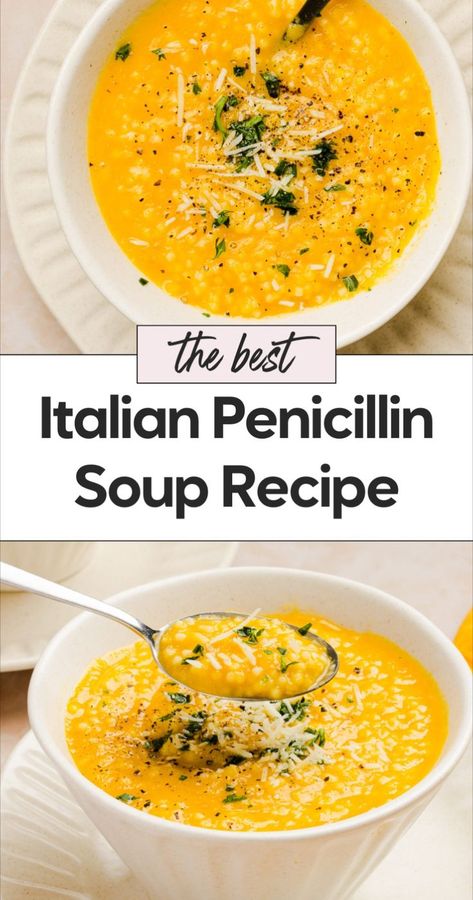 This Italian penicillin soup is warm, delicious, and easy to make—a perfect comforting bowl for any day! Enjoy this vegetarian take on classic penicillin soup with rich Italian flavors, making it the best Italian penicillin soup for cozy evenings. No Pasta Soup Recipes, Easy To Eat Soups, Soup Recipes Sickness, Cold Buster Soup Vegetarian, Soup Recipes No Cream, Recipes With No Tomatoes, Light Easy Soup Recipes, Tummy Soothing Soup, Italian Feel Better Soup