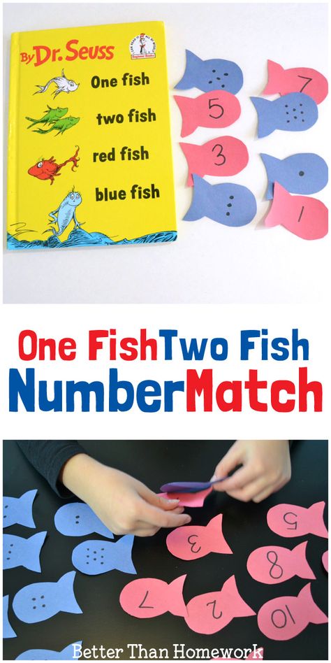 Play a fun number match game inspired by Dr. Seuss's One Fish Two Fish Red Fish Blue Fish Dr Seuss Preschool Activities, Games Kindergarten, Kindergarten Counting, Dr Seuss Preschool, Dr Seuss Activities, Dr Seuss Crafts, Fish Activities, Seuss Classroom, Seuss Crafts