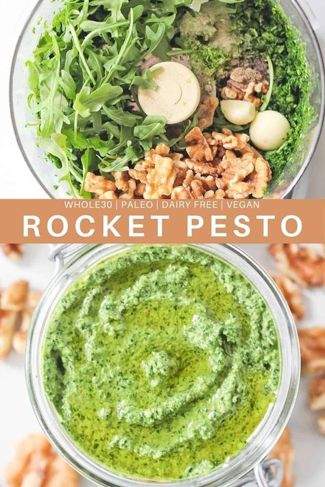 Cooked Arugula, Pesto Arugula, Rocket Pesto, Arugula Pesto Recipe, Nut Free Pesto, Whole30 Vegan, Pesto Vegan, Salt Recipes, Arugula Recipes