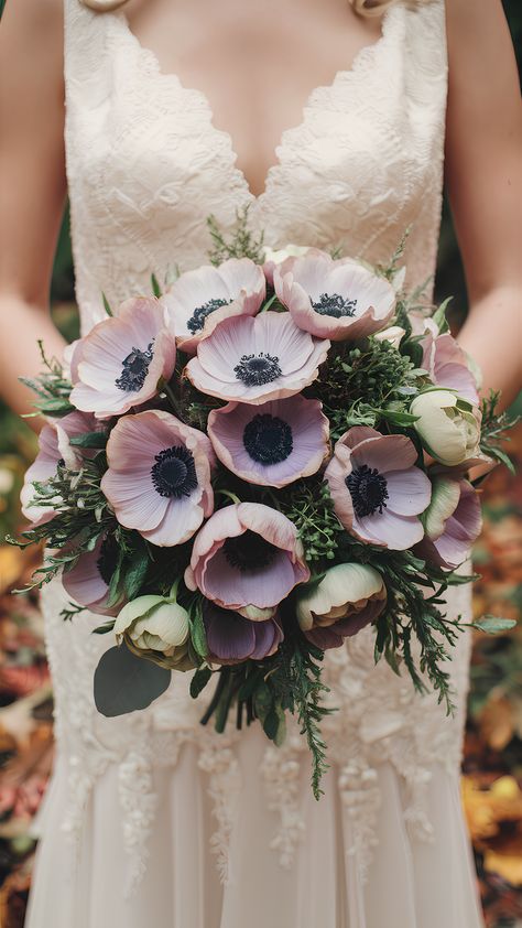 Mauve and Sage Anemones: Sophisticated Fall Wedding Bouquets Fall Wedding Mauve, Mauve Fall Wedding, Mauve Bouquet, Cornucopia Centerpiece, Peach Ranunculus, Anemone Bouquet, Autumn Celebration, Fall Wedding Bouquet, Chocolate Cosmos