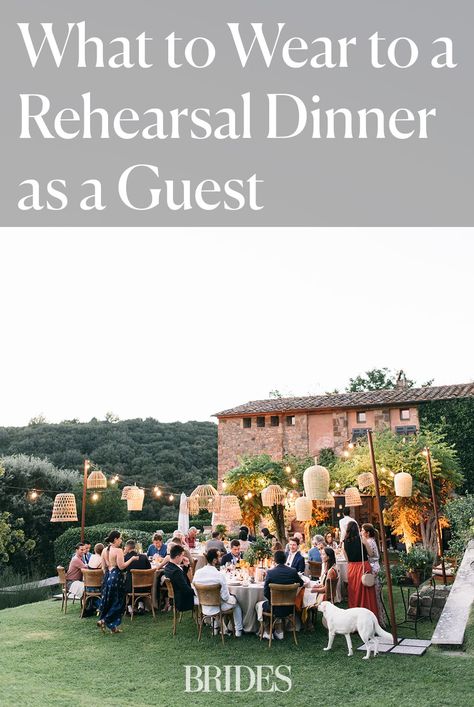 Deciding what to wear to a rehearsal dinner as a guest can be tricky. Here we explain how to navigate the attire, plus etiquette tips and insight from experts. // Photo: Lisa Poggi Garden Party Rehearsal Dinner Outfit, Grooms Dinner Outfit Guest, Smart Casual Rehearsal Dinner, Groomsmen Rehearsal Dinner Outfit, Rehearsal Dinner Dress For Guest Fall Classy, Reversal Dinner Outfit Guest, Men’s Rehearsal Dinner Outfit Guest, Rehearsal Guest Outfit, Rehersal Dinner Outfit Guest Spring