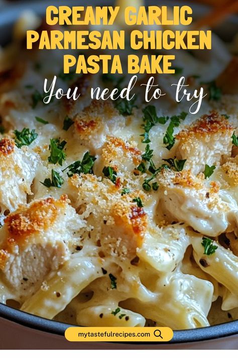 Indulge in the ultimate comfort food with this creamy garlic parmesan chicken pasta bake! Loaded with tender chicken, garlic, parmesan, and a hint of herbs—baked to golden perfection. Perfect for a cozy family dinner! Creamy Chicken Garlic Parmesan Pasta, Creamy Chicken Pasta Bake Recipes, Creamy Garlic Parmesan Chicken Bake, Garlic Parmesan Chicken Pasta Bake, Garlic Chicken Parmesan Pasta, Chicken And Pasta Recipes Easy, Chicken And Pasta Dishes, Garlic Cream Sauce Pasta, Chicken Creamy Pasta