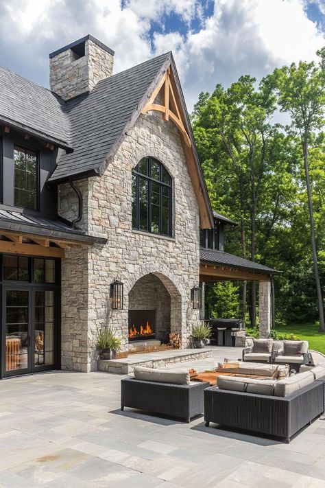 Barndominium Houses, Black Window Frames, Barn Houses, Farmhouse Architecture, French Style Homes, Suburban House, Stone Barns, Rustic Stone, Mountain Homes