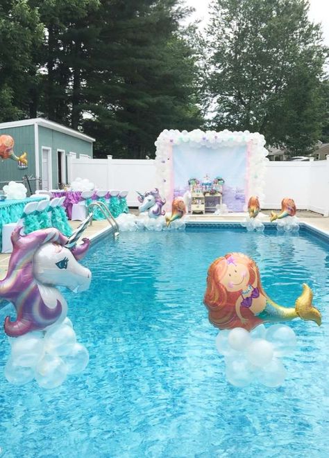 Unicorns, Mermaids, fairies Birthday Party Ideas | Photo 18 of 21 Fairies Birthday Party, Shopkins Party Decorations, Unicorn Pool Party, Angel Decorations, Pool Party Cakes, Mermaid Pool Parties, Mermaid Birthday Party Decorations, Mermaid Theme Birthday Party, Shopkins Party