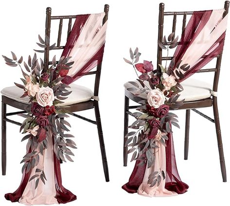 Amazon.com: Ling's Moment Wedding Chair Decorations with Drapes 8pcs Aisle Decorations Burgundy & Dusty Rose Pew Wedding Decorations for Ceremony Reception Outside : Home & Kitchen Wedding Reception Decorations Burgundy, Burgundy Wedding Venue Decor, Dusty Rose And Wine Red Wedding, Burgundy Wedding Chair Decor, Burgundy Chair Covers Wedding, Maroon Themed Wedding Decorations, Vintage Burgundy Wedding, Burgundy Boho Wedding Decor, Burgundy Rustic Wedding Decorations