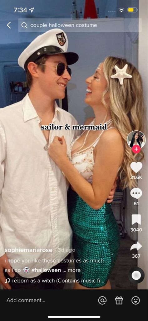 Mens Mermaid Costume, Mermaid And Sailor Halloween Costume, Sailer And Mermaid Couple Costume, Aquamarine Couple Costume, Mermaid Captain Couple Costume, Mermaid And Captain Costume Halloween, Sailor Mermaid Couple Costume, Mermaid Sailor Couple Costume, Sea Captain And Siren Costume