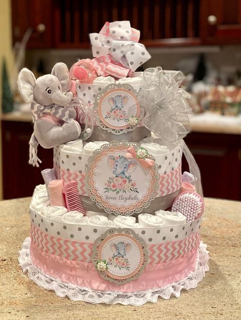 Elephant Diaper Cake Girl, Best New Mom Gifts, Elephant Diaper Cake, Shower 2023, Pamper Cake, Baby Gender Reveal Party Decorations, Shower Items, Baby Shower Items, Decor Business