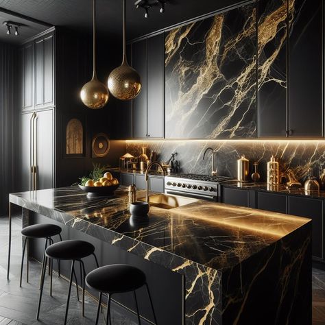 Black and Gold Kitchen Marble Countertops with Gold Veins Black And Gold Marble Kitchen, Black And Gold Kitchen Ideas, Black Marble Kitchen, Modern Dark Kitchen, Modern Gold Kitchen, Gold Kitchen Ideas, Black Gold Kitchen, Black Quartz Countertops, Black And Gold Kitchen