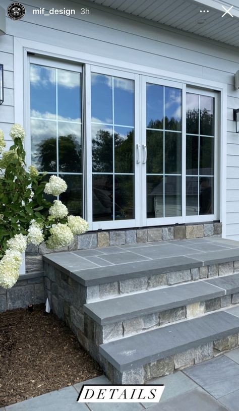 Front Step Pavers, Stone Stairs Front Door, Patio Stone Steps, Backyard Patio With Steps From House, Patio Steps Ideas Backyards, Steps From Back Door To Patio, Back Patio With Steps Down From House, Bluestone Front Steps, Outdoor Steps Ideas Stairs Entrance