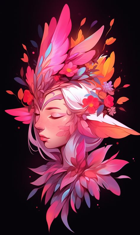 Flower Goddess Drawing, Floral Character Design, Cherry Blossom Character Design, Lotus Character Design, Avian Oc, Flower Character Design, Fantasy Creatures Mythology, Flower People, Crown Drawing