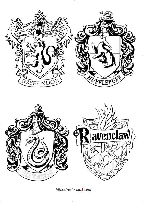 Harry Potter House Crests Coloring Pages - 2 Free Coloring Sheets (2021) Harry Potter House Colors, Harry Potter Badges, Harry Potter Coloring Book, Harry Potter Houses Crests, Harry Potter Coloring Pages, Harry Potter Crest, Harry Potter Colors, Imprimibles Harry Potter, Harry Potter Pop