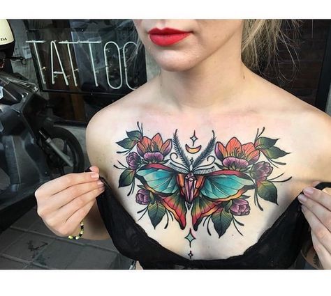 Neo Traditional Chest Tattoo, Female Chest Tattoo, Traditional Chest Tattoo, Female Tattoo Artist, Traditional Chest, Chakra Tattoo, Vegan Tattoo, Chest Tattoos For Women, Moth Tattoo