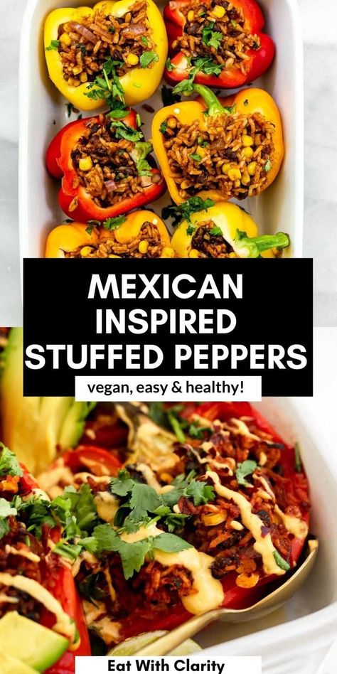 These vegan stuffed bell peppers are easy to make and perfect for a healthy plant based dinner for the whole family! These bell peppers are stuffed with rice and beans and topped with vegan cashew queso. Easy, healthy and delicious! #stuffedpeppers Stuffed Peppers Vegan, Vegan Stuffed Bell Peppers, Korean Tofu, Cashew Queso, Quick Vegetarian Dinner, Mexican Stuffed Peppers, Vegan Stuffed Peppers, Easy Stuffed Peppers, Easy Stir Fry Recipes