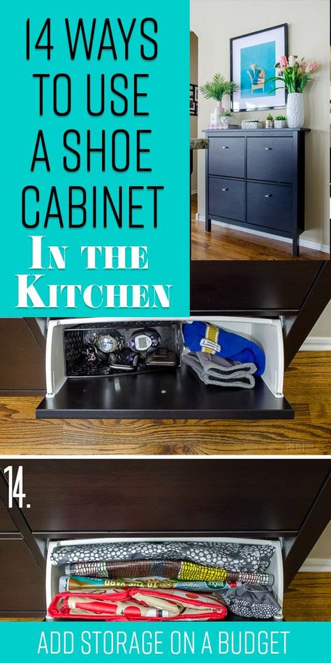 If kitchen storage is limited in your home, consider adding a slim IKEA shoe cabinet. They only stick out from the wall a few inches, but I came up with 14 different kitchen you could storage in them to stay organized! Shoe Rack Hacks, Polished Habitat, Ikea Shoe Rack, Ikea Shoe Storage, Ikea Shoe Cabinet, Wall Mounted Shoe Storage, Ikea Shoe, Extra Kitchen Storage, Cheap Kitchen Cabinets