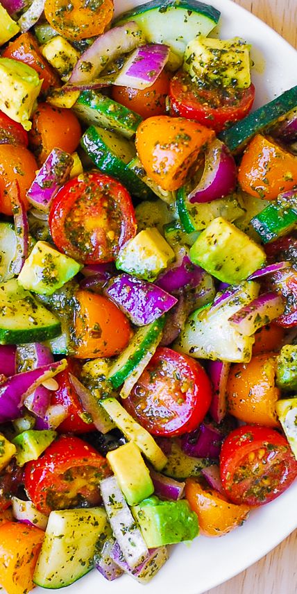 Basil Pesto Salad, Cucumber Avocado Salad, Pesto Salad, Avocado Dessert, Salad With Avocado, Avocado Pesto, Cucumber Avocado, Tomato Cucumber, Swollen Legs