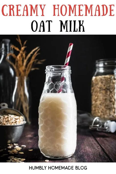 Jar of oat milk with a red and white straw on top Creamy Oat Milk, Homemade Oat Milk, Diy Coffee Creamer, Cold Drinks Recipes, Homemade Nut Milk, Oat Milk Recipe, How To Make Oats, Cozy Drinks, Nut Milk