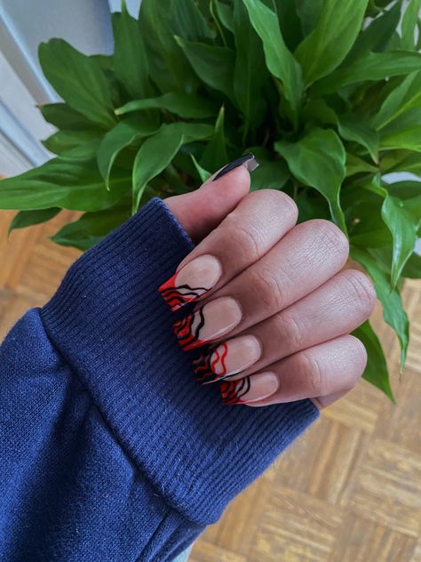 black & red nails Black Snd Red Nail Designs, Black Nails Red French Tip, Black Nails Red Tips, Black Nails With Red French Tip, Short Black And Red Nails, Black And Red Short Nails, Short Red And Black Nails, Red And Black Short Nails, Black And Red Nails Short