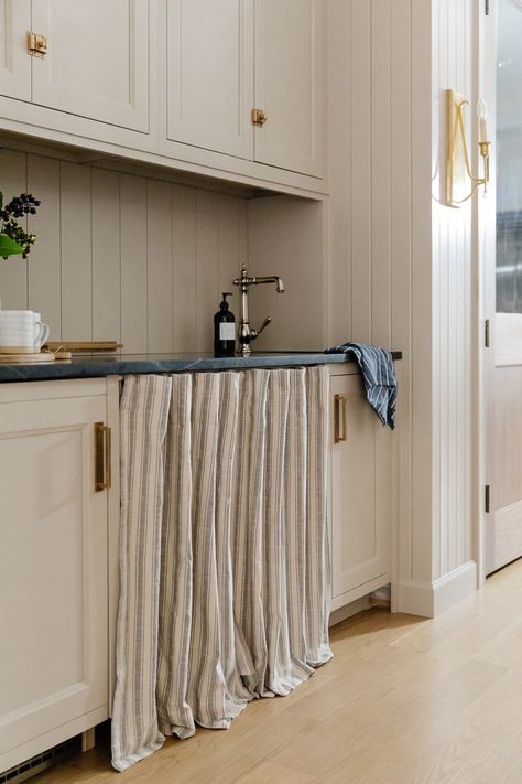 Skirted Cabinet, Skirted Cabinets, Curtain Over Cabinet, Curtain In Pantry, Under Cabinet Curtains, Skirted Kitchen Cabinets, Laundry Countertop Decor, Bathroom Vanity Curtain, Skirted Cabinet Pantry