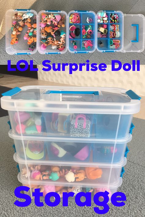 LOL Surprise Doll Storage - Sterilite box from Target Doll Storage Ideas Organizing, Doll Storage Ideas, Storage Ideas Organizing, Girl Toy Storage, Barbie Storage, Organizing Bedroom, Barbie Organization, Kids Bedroom Organization, Doll Storage