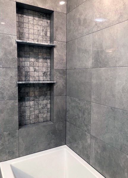 Designs Shower Niche With Three Shelves Built In Above Bathtub Shower Niche Ideas, Recessed Shelves, Niche Ideas, Bathtub Remodel, Bad Inspiration, Interior Minimalista, Regal Design, Shower Niche, Bathroom Remodel Shower