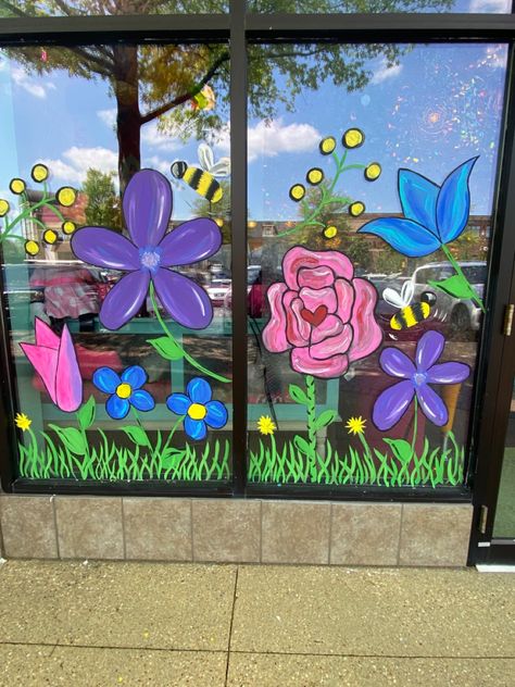 Floral Window Painting, Spring Window Painting Ideas Easy, Spring Window Painting Ideas, Classroom Window Display, Summer Window Painting, Spring Window Painting, Window Art Ideas, Classroom Window Decorations, Easter Window Decorations