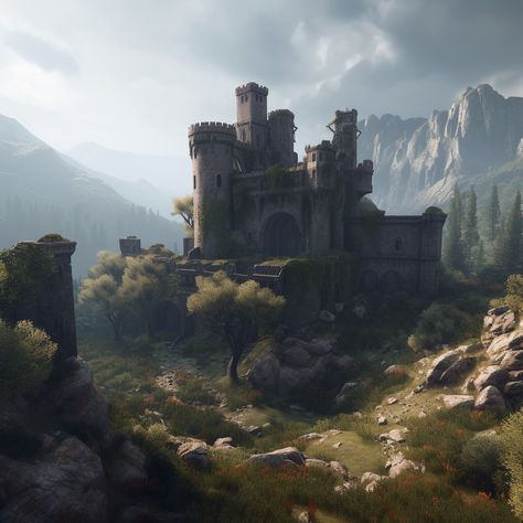 beautiful Ruined castle from witcher Post Apocalyptic Castle, Fantasy Ruined Castle, Castle Ruins Fantasy Art, Ruined Castle Fantasy Concept Art, Fantasy Castle Ruins, Fortress Concept Art, Medieval Ruins, Ruined Castle, Fantasy Village