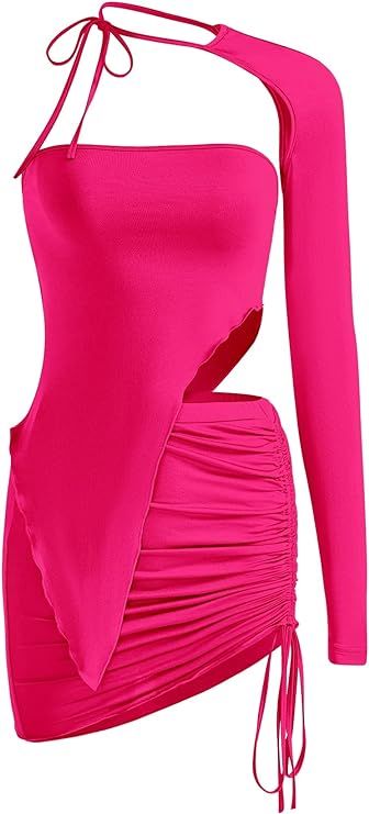 Verdusa Women's 3 Piece Outfit Y2K Tube One Shoulder Top Shrug and Drawstring Ruched Bodycon Mini Skirt Sets Hot Pink S Hot Pink Tube Dress, Pink Two Piece Outfit, Two Piece Outfits Skirt, Bodycon Mini Skirt, 3 Piece Outfit, Pink Two Piece, One Shoulder Top, Skirt Sets, One Shoulder Tops