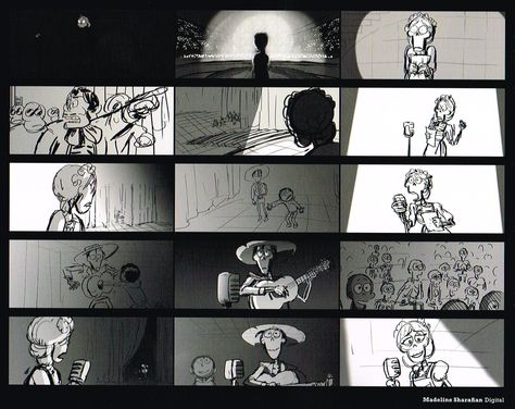 Pixar's Coco Storyboards Disney Storyboard, Storyboard Examples, Storyboard Ideas, Animation Sketches, Art Animation, Disney Concept Art, Animation Reference, Pixar, Concept Art