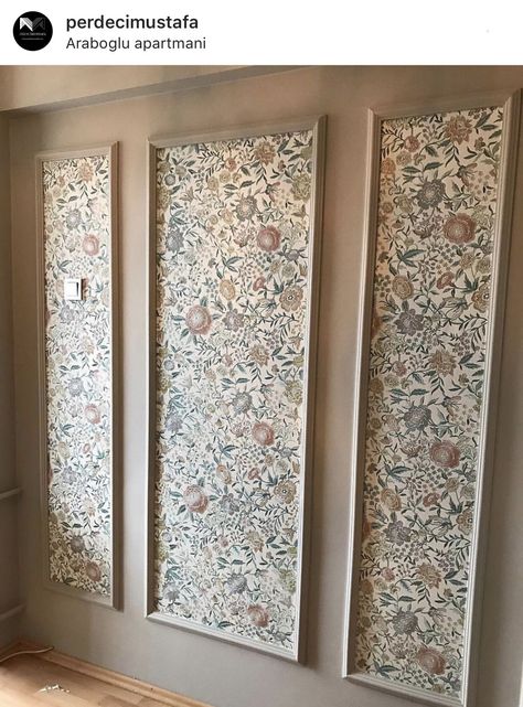 Wallpaper Within Molding, Molding With Wallpaper Insert, Part Wallpapered Wall, Wallpaper In Wall Moulding, Box Trim Wallpaper, Molding On Walls With Wallpaper, Wallpaper In Frames Ideas, Wallpaper Panelling Ideas, Framed Wallpaper Bedroom