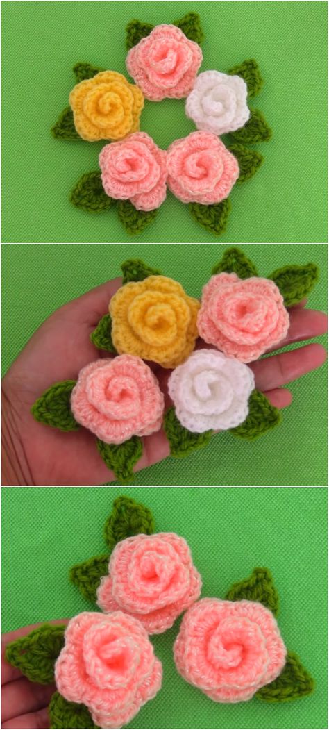 Crochet Tiny Roses With Leaves Crochet Mini Flowers Free Pattern, Small Crochet Flowers, Roses Crochet, Leaves Crochet, Roses With Leaves, Crochet Tiny, Chunky Yarn Crochet, Crazy Crochet, Crochet Rose Pattern