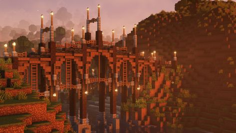 Big Bridges Minecraft, Minecraft Bridge Supports, Minecraft Spruce Bridge Ideas, Minecraft Large Bridge Ideas, Minecraft Tall Bridge, Minecraft Bridge Over Ravine, Huge Bridge Minecraft, Mountain Bridge Minecraft, Minecraft Overgrown Bridge